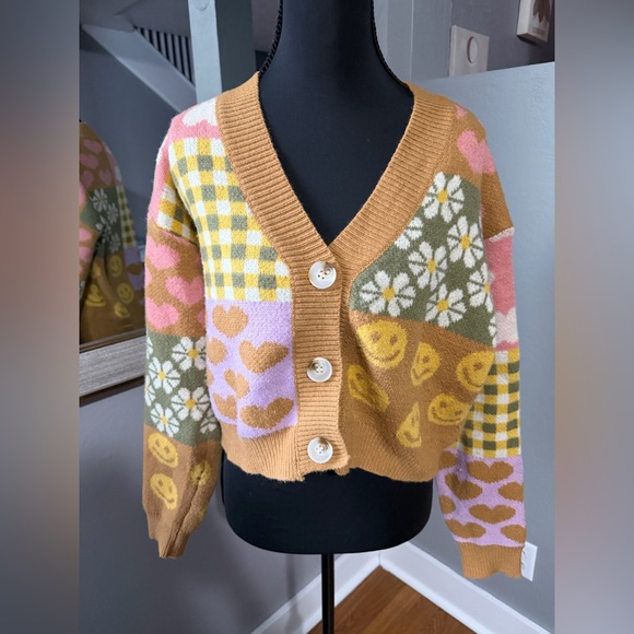 Debut Twee Hippie multicolor patchwork cardigan daisy & smiley face pattern Sm - Picture 2 of 8